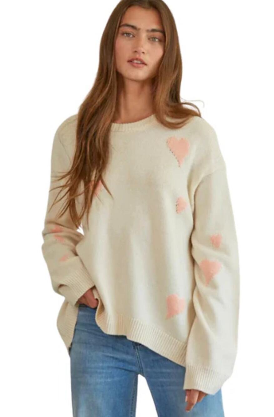 By Together Heart Sweater Cream Pink Coquette Knit Pullover M